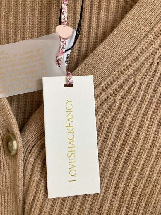 LoveShackFancy Cashmere Avignon Cropped Ribbed Cardigan in Camel Tan Medium - Picture 4 of 6